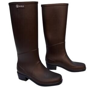 Aigle Miss Juliette Tall Heeled Boot EU Size 38 Waterproof Dk Brown